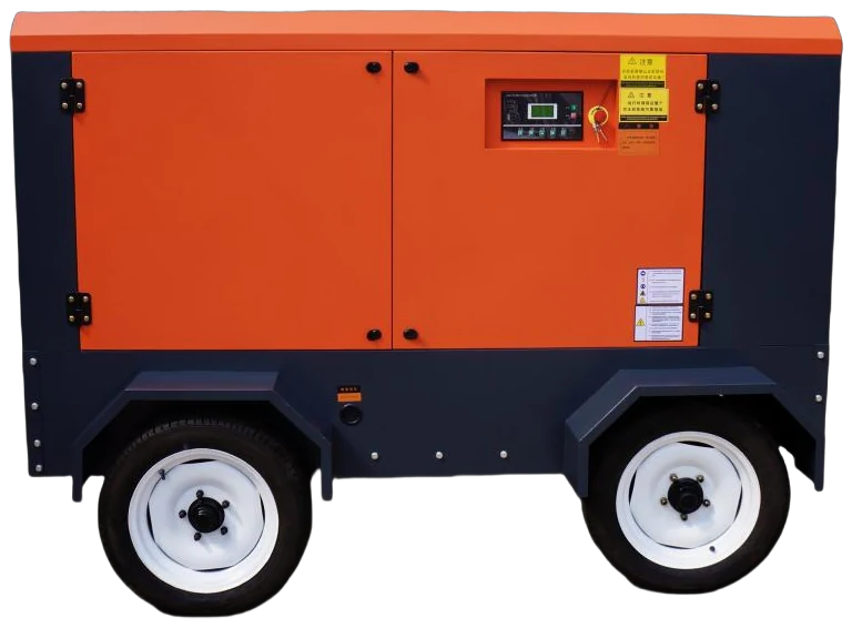 Orange electric mobile screw air compressor with two wheels and towing arrangement.