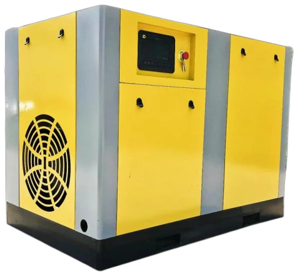 Yellow enclosed electric compressor with cooling grille and control panel.