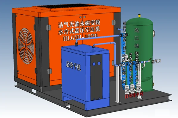 System schematic showing an orange compressor enclosure, blue dryer or treatment unit, vertical green receiver and connected piping.