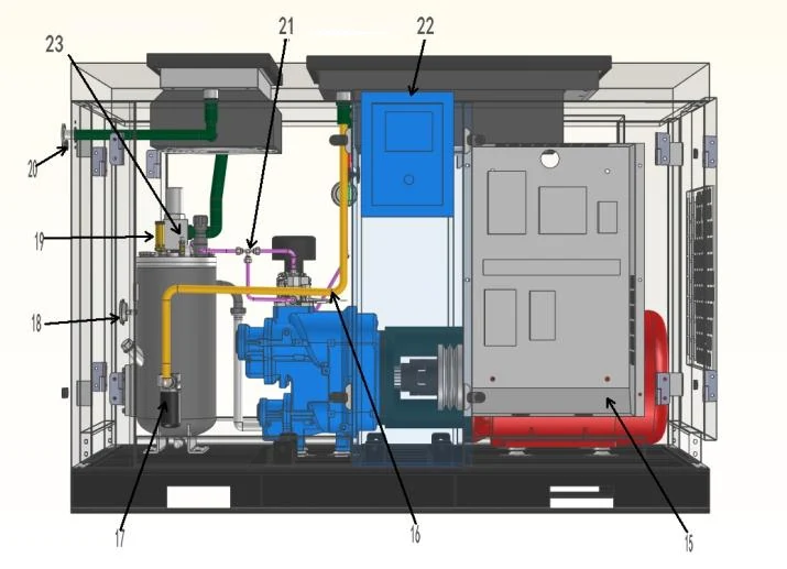 High-pressure compressor catalogue diagram showing controls, oil filter and piping layout.