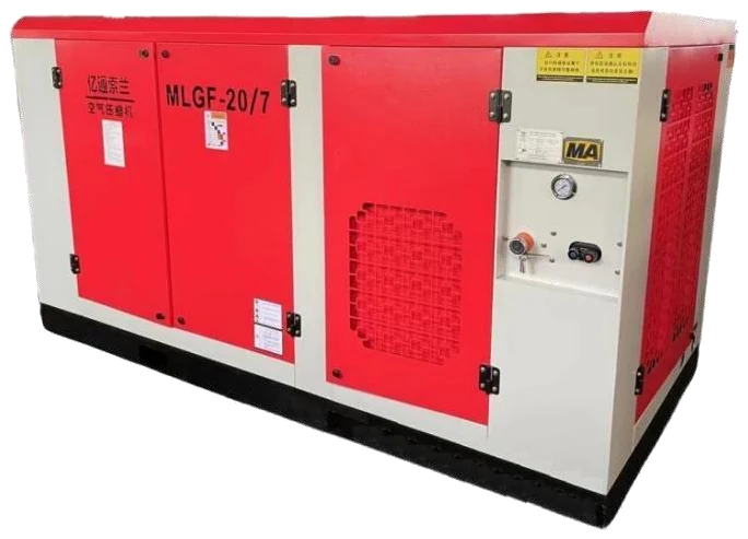 Red and white enclosed compressor showing supplier markings and MLGF-20/7 lettering.