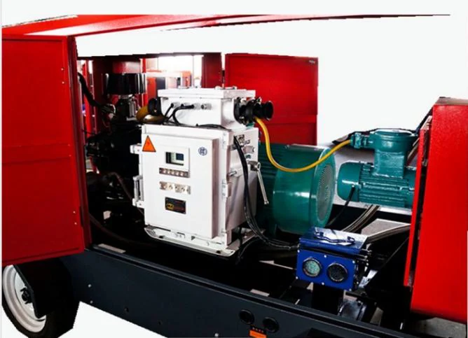Open red wheeled compressor package showing an electric motor and control enclosure.